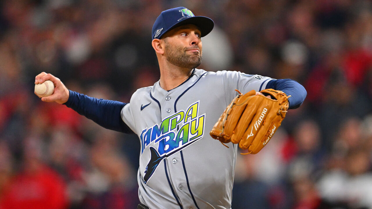 CLEVELAND, OHIO - OCTOBER 17: Nick Martinez #28 of the Tampa Bay Rays throws a pitch during the first inning against the Cleveland Guardians in game four of the American League Championship Series at Progressive Field on October 17, 2026 in Cleveland, Ohio.