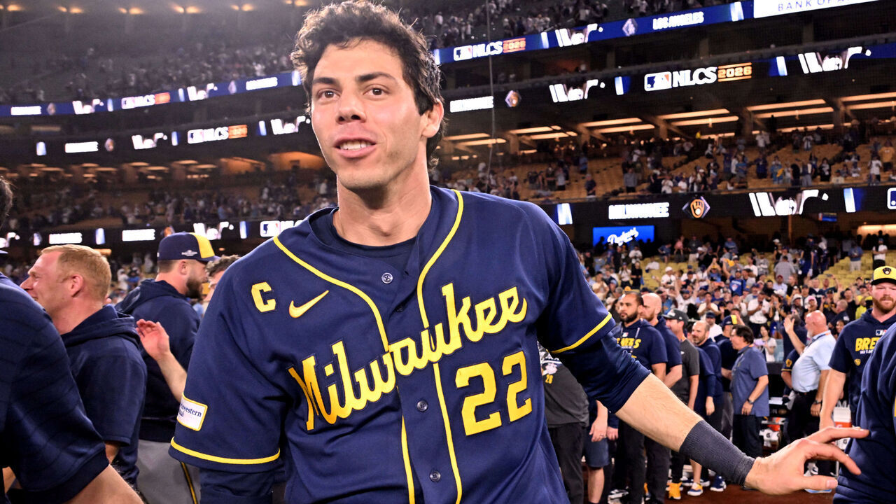 Los Angeles, - October 15: Christian Yelich #22 of the Milwaukee Brewers after defeating the Dodgers 6-4 to win Game 4 of a NLCS playoff baseball game and advance to the World Series at Dodger Stadium in Los Angeles on Thursday, October 15, 2026.