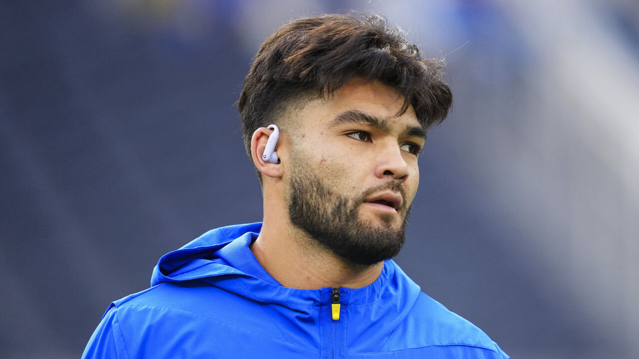 INGLEWOOD, CA - OCTOBER 12: Puka Nacua #12 of the Los Angeles Rams warms up prior to an NFL football game against the Buffalo Bills at SoFi Stadium on October 12, 2026 in Inglewood, California.