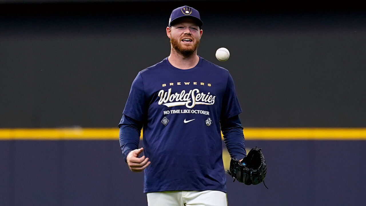 MILWAUKEE, WI - OCTOBER 22: Brandon Woodruff #53 of the Milwaukee Brewers warms up during the 2026 World Series workout day and media availability at American Family Field on Thursday, October 22, 2026 in Milwaukee, Wisconsin.