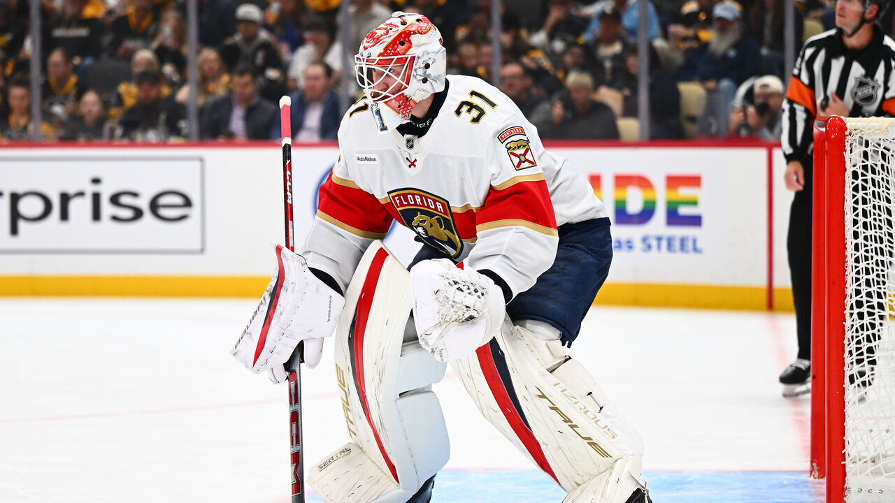 PITTSBURGH, PA - OCTOBER 22: Cooper Black #31 of the Florida Panthers defends the net during his NHL debut against the Pittsburgh Penguins at PPG PAINTS Arena on October 22, 2026 in Pittsburgh, Pennsylvania.