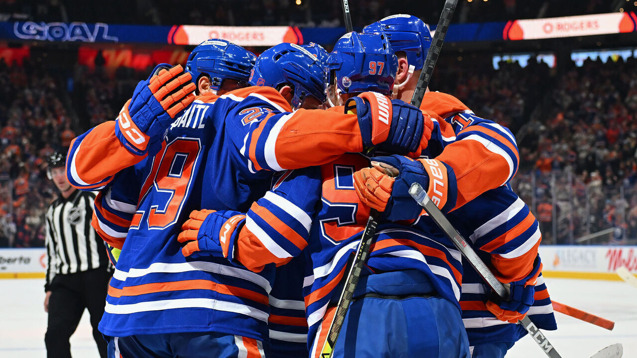 EDMONTON, CANADA - OCTOBER 15: Leon Draisaitl #29, Vasily Podkolzin #92, Connor McDavid #97, Mattias Ekholm #14 and Evan Bouchard #2 of the Edmonton Oilers celebrate a second-period goal during the game against the Utah Mammoth at Rogers Place on October 15, 2026, in Edmonton, Alberta, Canada.