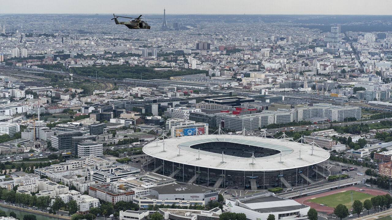 An aerial view taken on July 11, 2019 shows the Stade de France in Saint-Denis, near Paris.