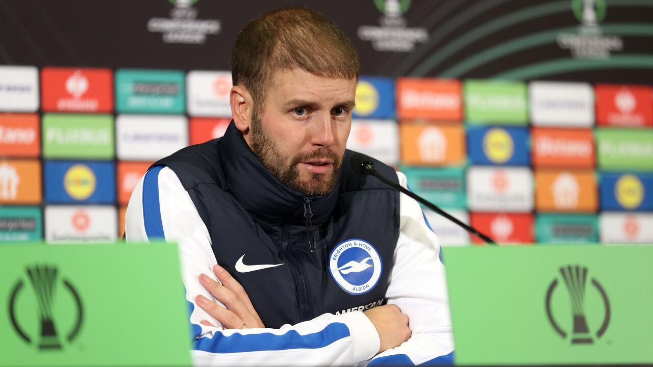 JABLONEC NAD NISOU, CZECH REPUBLIC - OCTOBER 22: Fabian Huerzeler, Manager of Brighton & Hove Albion, speaks to the media during the post match press conference after the UEFA Conference League 2026/27 League Phase MD2 match between FK Jablonec and Brighton & Hove Albion at Stadion Strelnice on October 22, 2026 in Jablonec nad Nisou, Czech Republic.