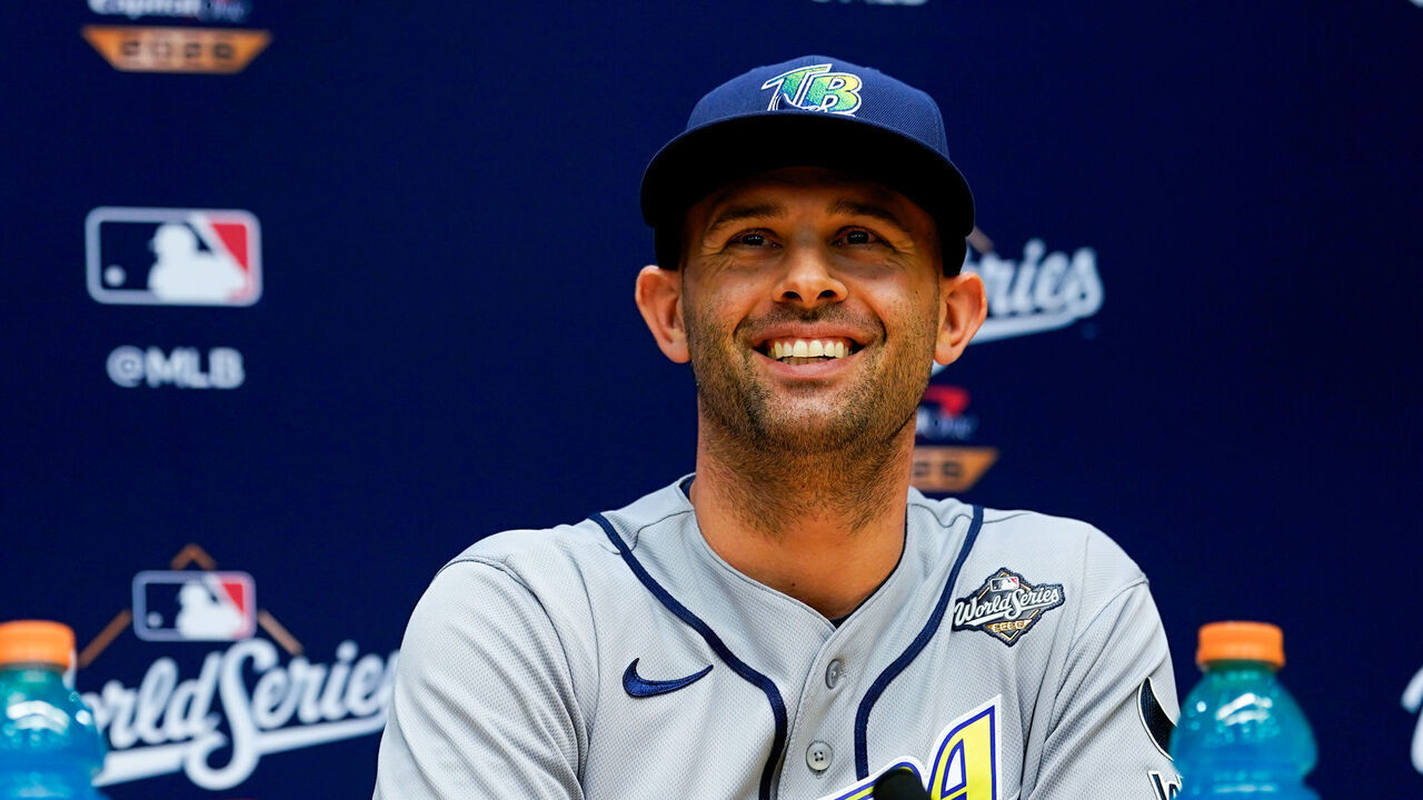 MILWAUKEE, WI - OCTOBER 22: Nick Martinez #28 of the Tampa Bay Rays speaks to the media during the 2026 World Series workout day and media availability at American Family Field on Thursday, October 22, 2026 in Milwaukee, Wisconsin.