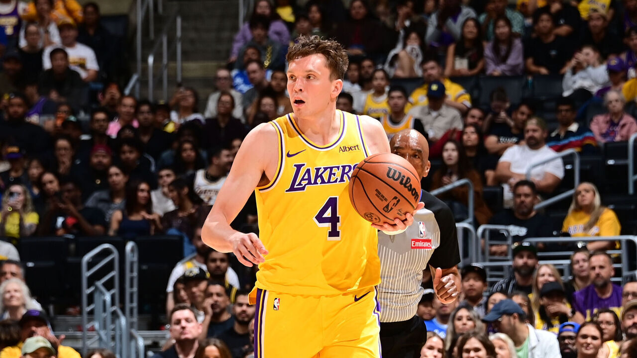 LOS ANGELES, CA - OCTOBER 16: Dalton Knecht #4 of the Los Angeles Lakers dribbles the ball during the game against the Denver Nuggets on October 16, 2026 at Crypto.Com Arena in Los Angeles, California. NOTE TO USER: User expressly acknowledges and agrees that, by downloading and/or using this Photograph, user is consenting to the terms and conditions of the Getty Images License Agreement. Mandatory Copyright Notice: Copyright 2026 NBAE