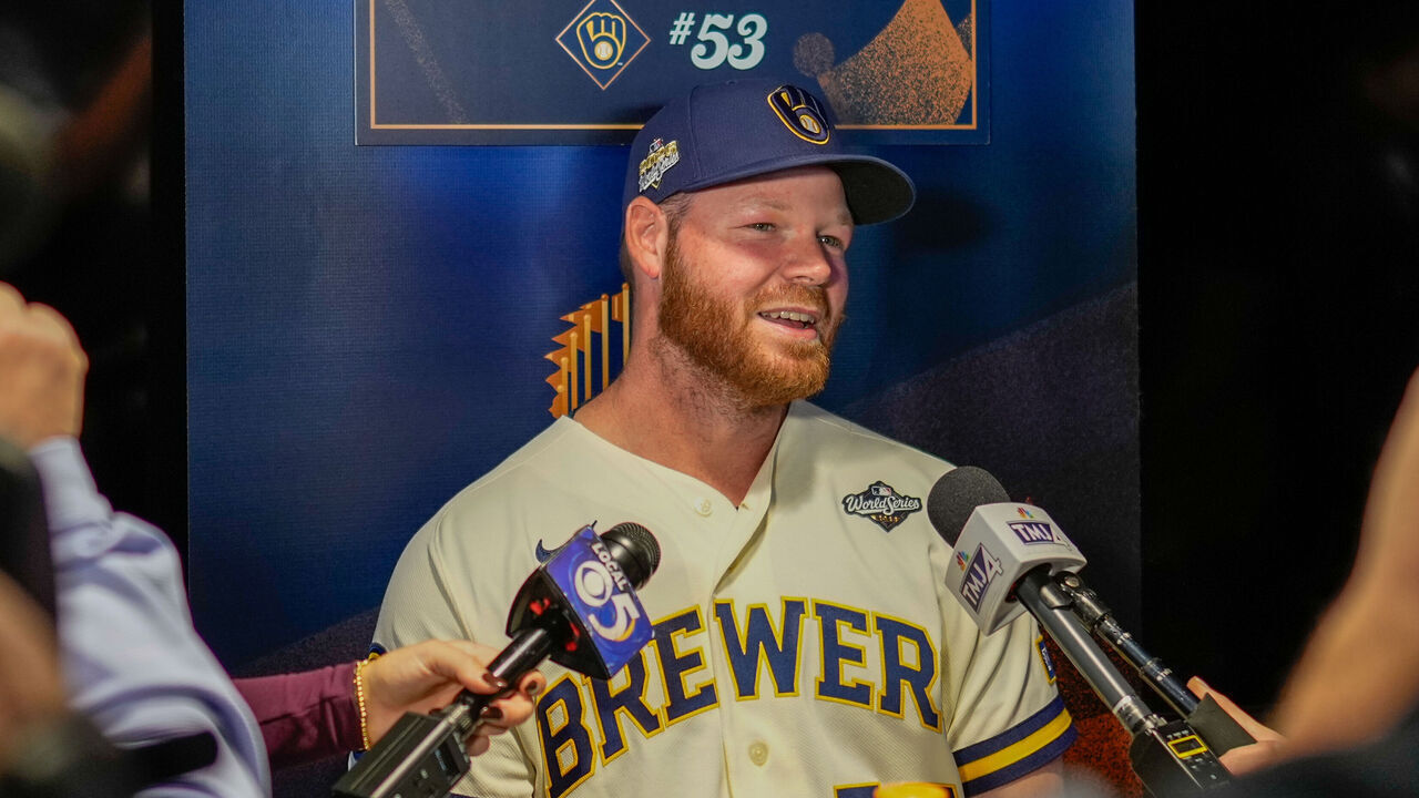MILWAUKEE, WI - OCTOBER 22: Brandon Woodruff #53 of the Milwaukee Brewers speaks to the media during the 2026 World Series workout day and media availability at American Family Field on Thursday, October 22, 2026 in Milwaukee, Wisconsin.