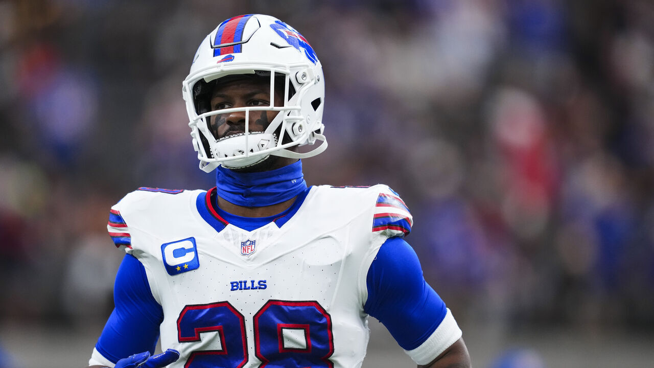 LAS VEGAS, NV - OCTOBER 18: Sam Franklin Jr. #28 of the Buffalo Bills warms up prior to an NFL football game against the Las Vegas Raiders at Allegiant Stadium on October 18, 2026 in Las Vegas, Nevada.