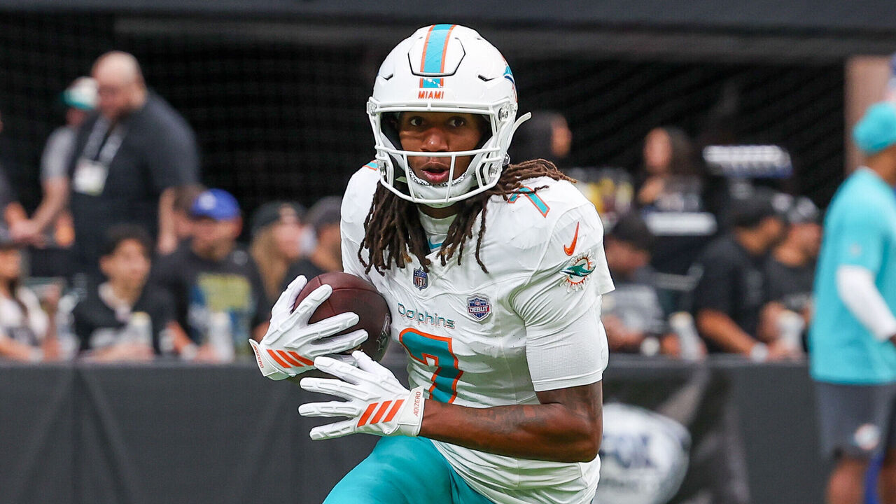 LAS VEGAS, NV - SEPTEMBER 13: Miami Dolphins wide receiver Caleb Douglas (7) warms up before an NFL game between the Las Vegas Raiders and Miami Dolphins on September 13, 2026, at Allegiant Stadium in Las Vegas, NV.