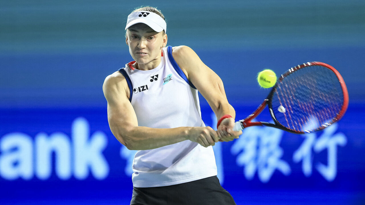 Kazakhstan's Elena Rybakina hits a return to Poland's Katarzyna Kawa during their women's singles quarter-final match at the Ningbo Open tennis tournament in Ningbo, China's eastern Zhejiang province on October 23, 2026. / China OUT