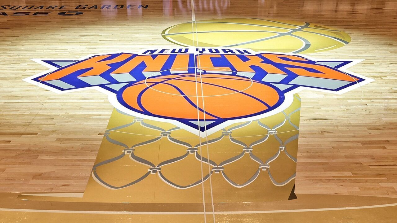 NEW YORK, NY - JUNE 8: New York Knicks logo on the court before the game against the San Antonio Spurs during Game Three of the 2026 NBA Finals on June 8, 2026 at Madison Square Garden in New York, New York. Mandatory Copyright Notice: Copyright 2026 NBAE