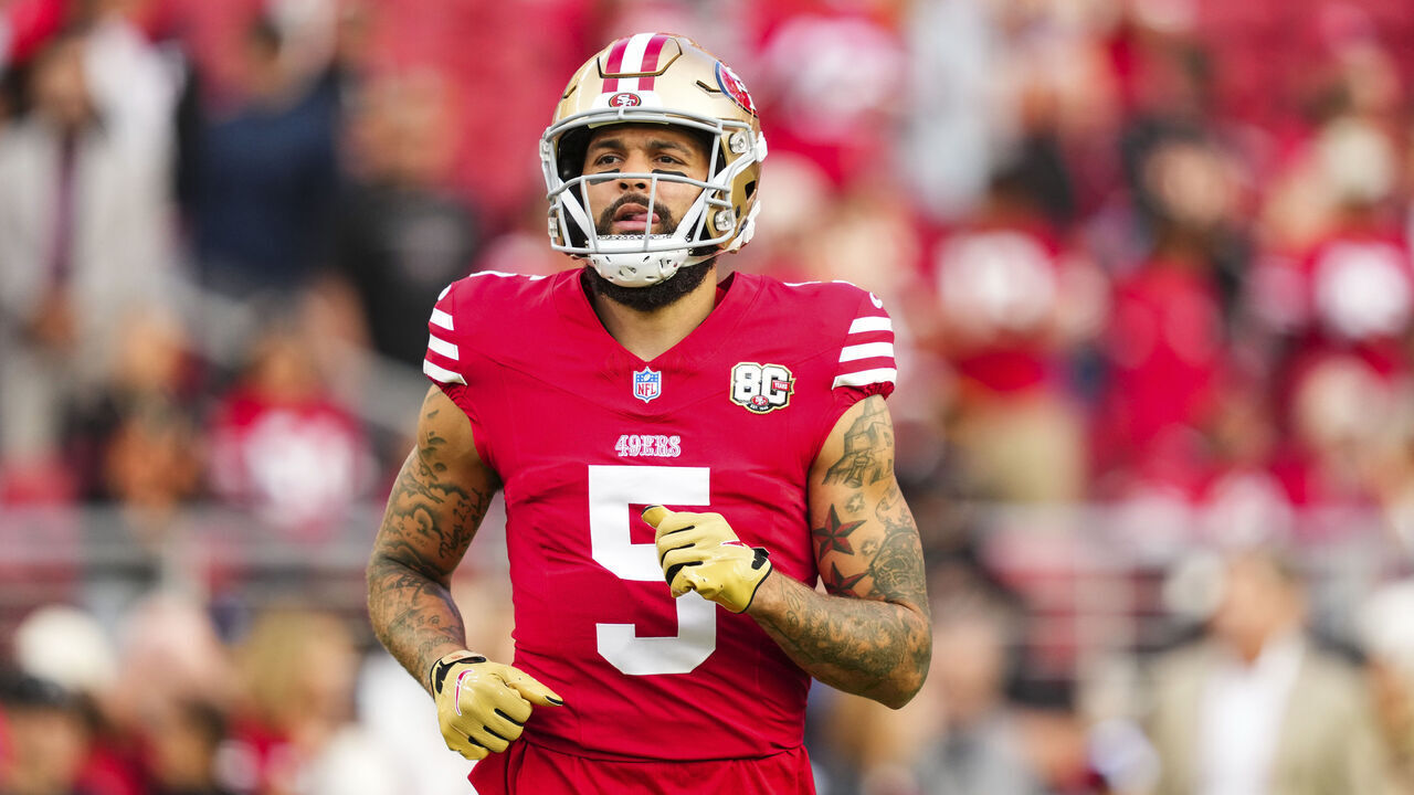 SANTA CLARA, CA - OCTOBER 19: Mike Evans #5 of the San Francisco 49ers warms up prior to an NFL football game against the Washington Commanders at Levi's Stadium on October 19, 2026 in Santa Clara, California.