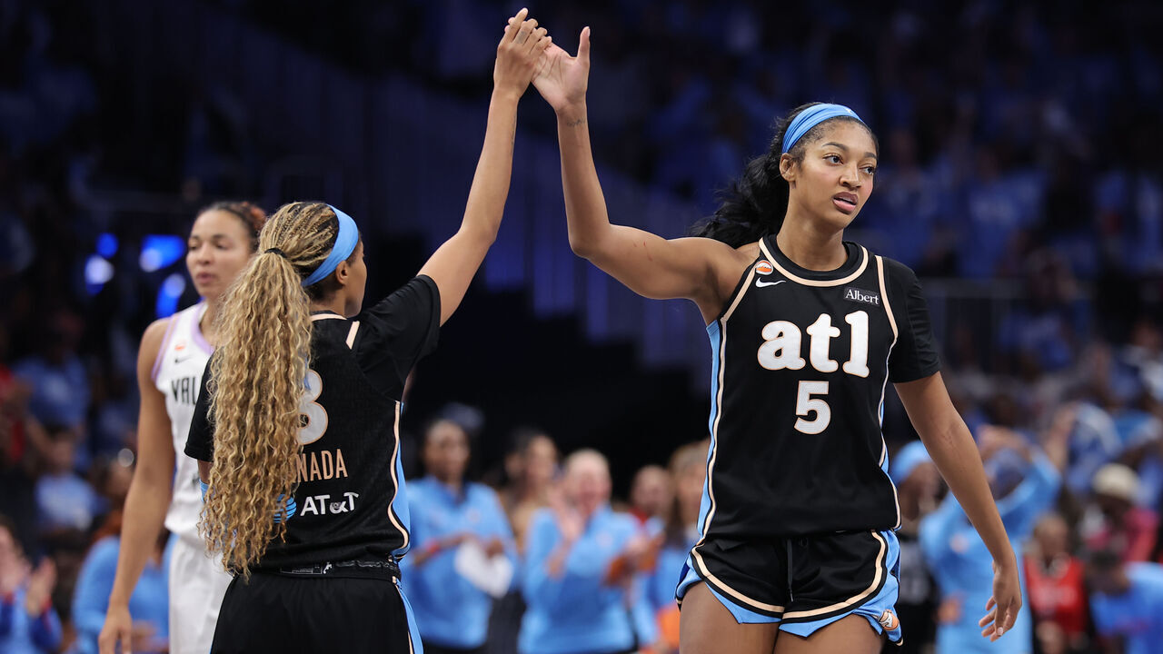 ATLANTA, GA - OCTOBER 21: Angel Reese #5 of the Atlanta Dream looks on during the game against the Golden State Valkyries during Game Three of the 2026 WNBA Finals on October 21, 2026 at State Farm Arena in Atlanta, Georgia. Mandatory Copyright Notice: Copyright 2026 NBAE