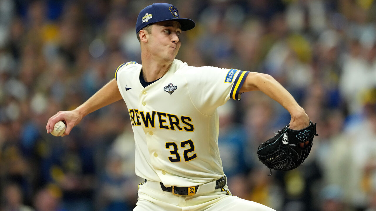 MILWAUKEE, WISCONSIN - OCTOBER 23: Jacob Misiorowski #32 of the Milwaukee Brewers throws a pitch during the first inning against the Tampa Bay Rays in game one of the 2026 World Series at American Family Field on October 23, 2026 in Milwaukee, Wisconsin.