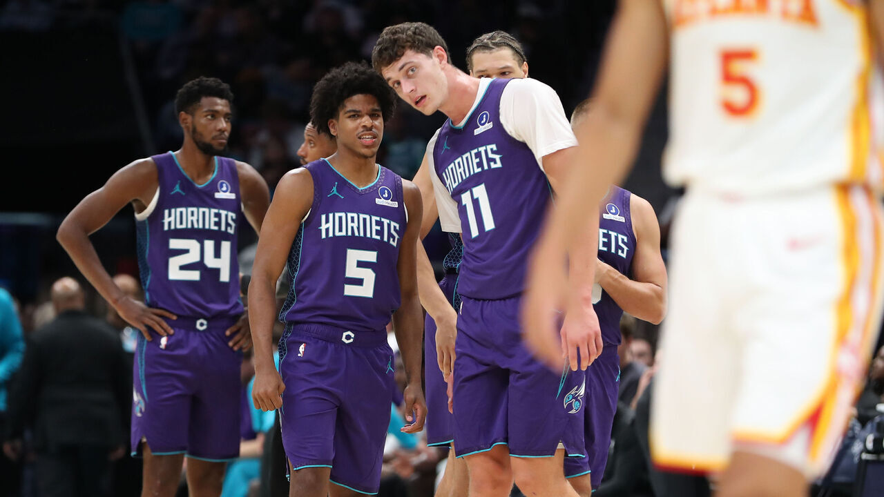 CHARLOTTE, NC - OCTOBER 23: Christian Anderson #5 talks to Ryan Kalkbrenner #11 of the Charlotte Hornets in game against the Atlanta Hawkson October 23, 2026 at Spectrum Center in Charlotte, North Carolina. Mandatory Copyright Notice: Copyright 2026 NBAE