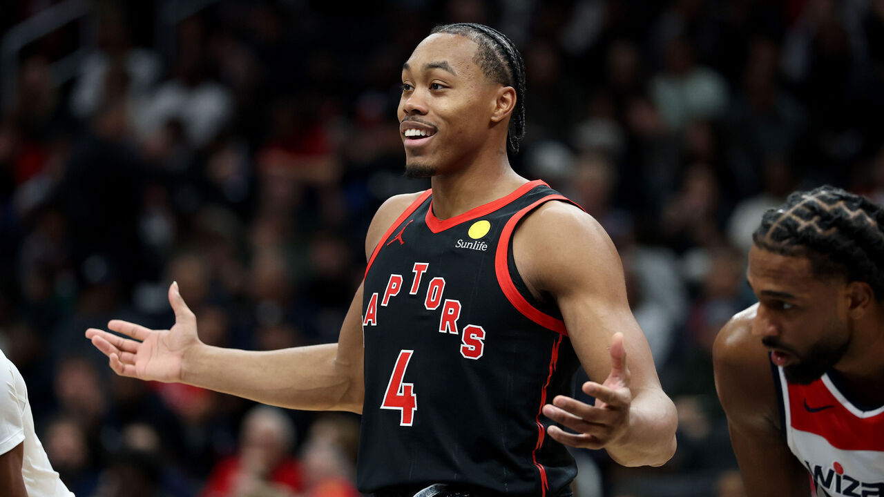 WASHINGTON, DC - OCTOBER 23: Scottie Barnes #4 of the Toronto Raptors reacts during the second half against the Washington Wizards at Capital One Arena on October 23, 2026 in Washington, DC. NOTE TO USER: User expressly acknowledges and agrees that, by downloading and or using this photograph, User is consenting to terms and conditions of the Getty Images License Agreement.