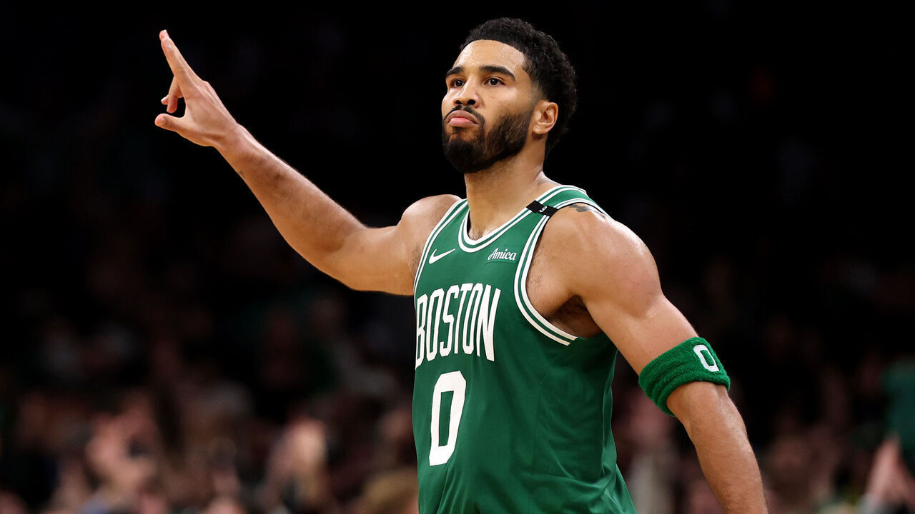 BOSTON, MASSACHUSETTS - OCTOBER 23: Jayson Tatum #0 of the Boston Celtics celebrates after scoring against the New York Knicks during fourth quarter of the Celtics Home Opener at TD Garden on October 23, 2026 in Boston, Massachusetts. The Celtics defeat the Knicks 107-103.