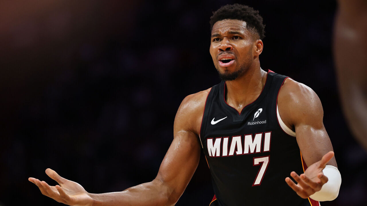 MIAMI, FLORIDA - OCTOBER 23: Giannis Antetokounmpo #7 of the Miami Heat reacts against the Detroit Pistons during the second half at Kaseya Center on October 23, 2026 in Miami, Florida. NOTE TO USER: User expressly acknowledges and agrees that, by downloading and or using this photograph, user is consenting to terms and conditions of the Getty Images License Agreement.