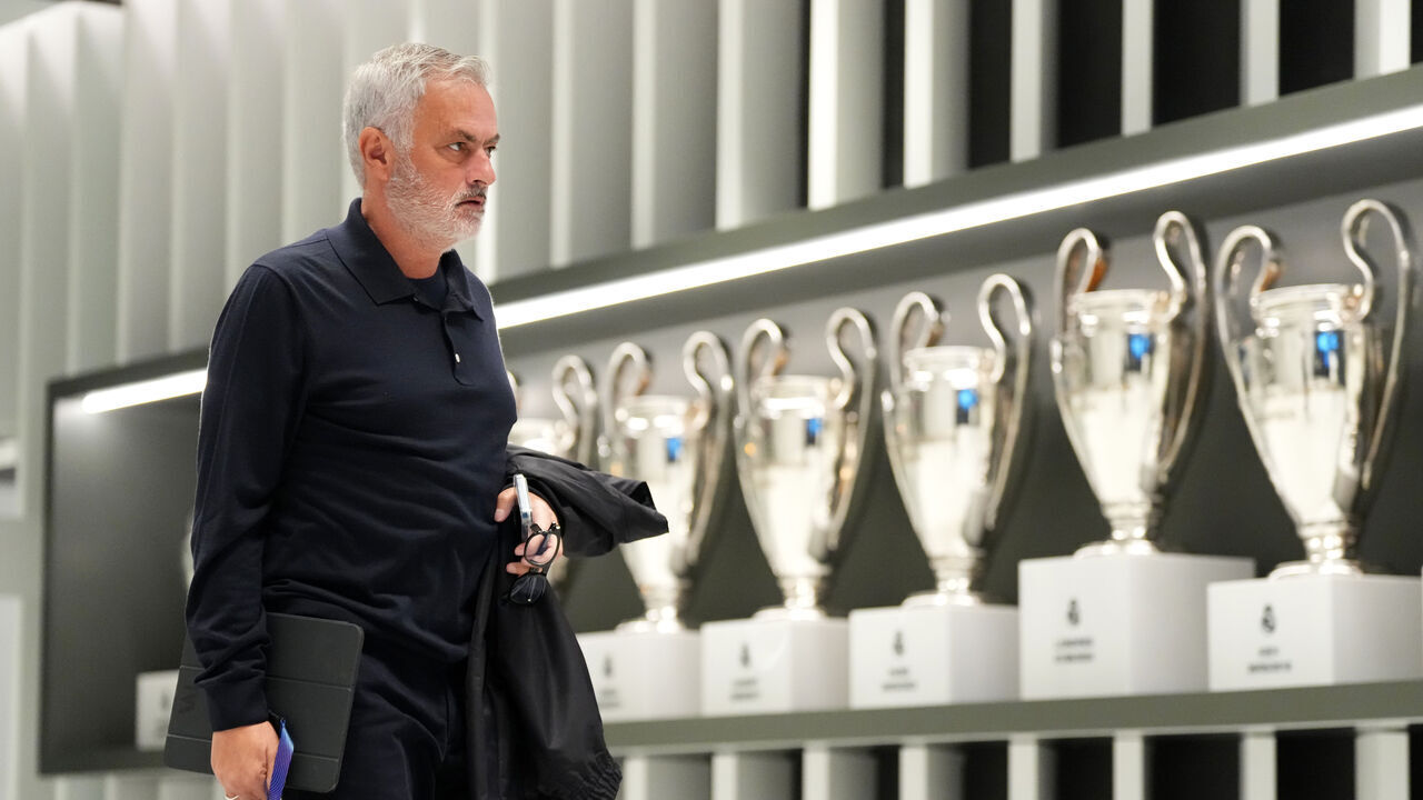 MADRID, SPAIN - OCTOBER 21: Jose Mourinho, Head Coach of Real Madrid, arrives at the stadium before the UEFA Champions League 2026/27 League Phase MD3 match between Real Madrid C.F. and RB Leipzig at Estadio Santiago Bernabeu on October 21, 2026 in Madrid, Spain.