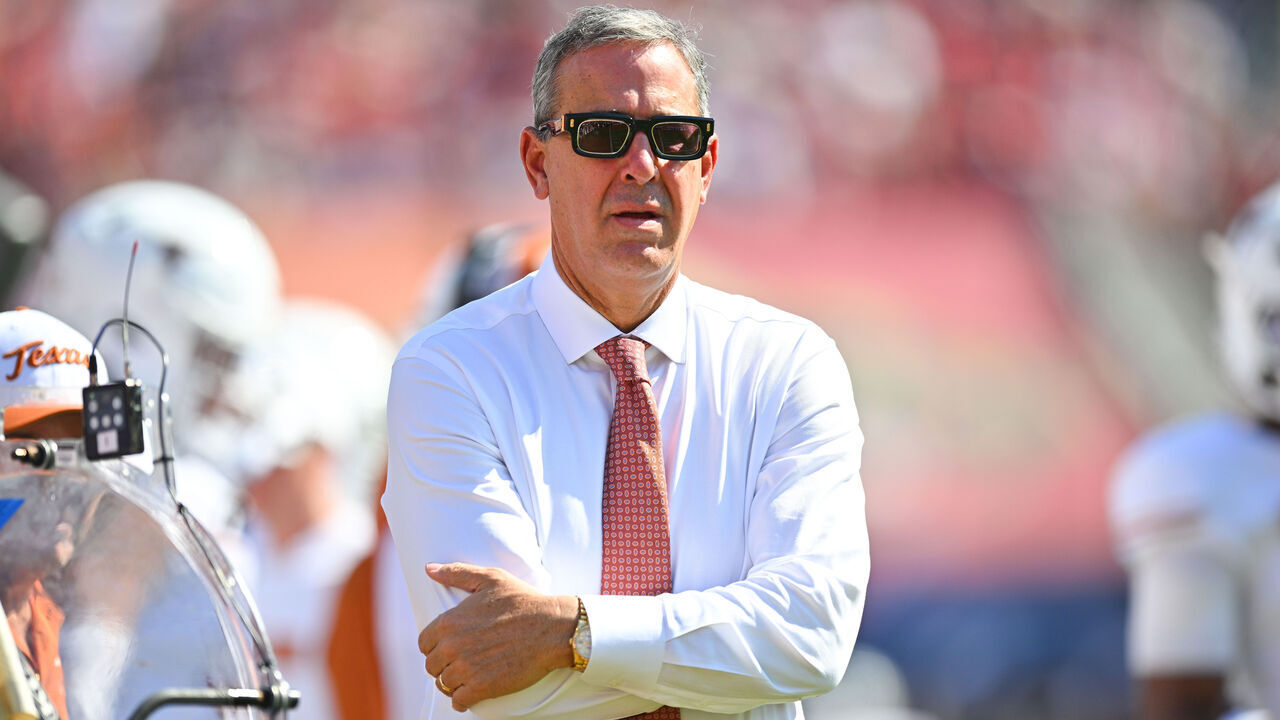 DALLAS, TX - OCTOBER 10: Vice President and Lois and Richard Folger Athletics Director Chris Del Conte looks on during the Allstate Red River Rivalry between the Texas Longhorns and Oklahoma Sooners on October 10, 2026, at Cotton Bowl Stadium in Dallas, TX.