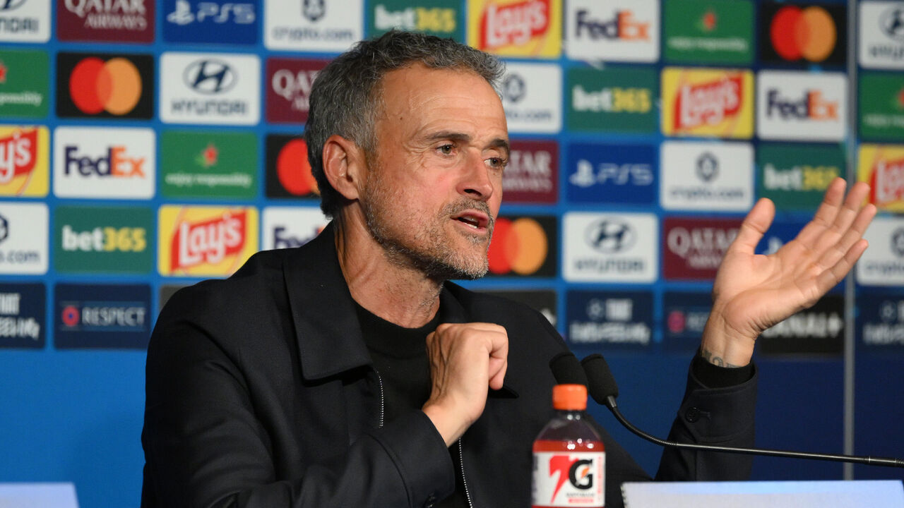 PARIS, FRANCE - OCTOBER 20: Luis Enrique, Head Coach of Paris Saint-Germain, speaks to the media in a post match press conference after the UEFA Champions League 2026/27 League Phase MD3 match between Paris Saint-Germain and FC Barcelona at Parc des Princes on October 20, 2026 in Paris, France.