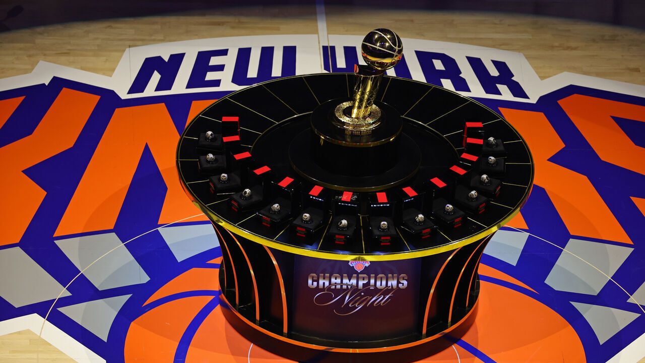 NEW YORK, NY - OCTOBER 20: A photo of the Larry O'Brien Championship Trophy and Rings before the game between the Philadelphia 76ers and the New York Knicks on October 20, 2026 at Madison Square Garden in New York City, New York. Mandatory Copyright Notice: Copyright 2026 NBAE
