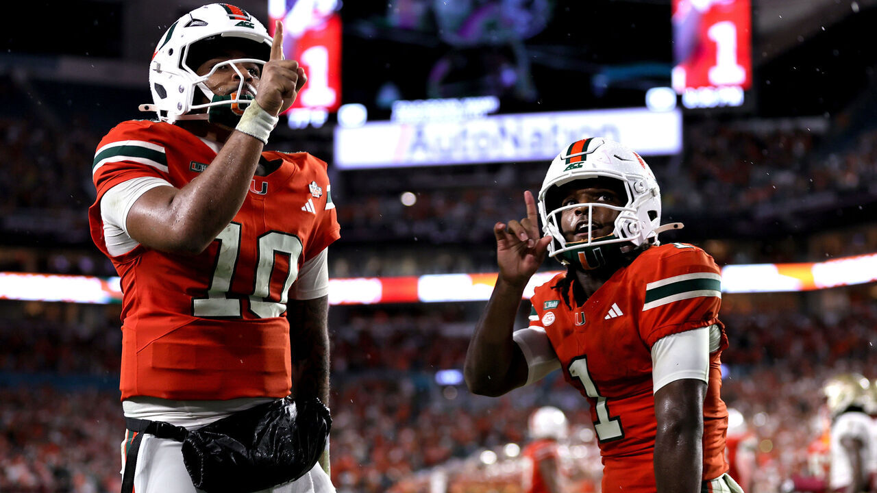 MIAMI GARDENS, FLORIDA OCTOBER 17: Malachi Toney #1 of Miami Hurricanes celebrates with Darian Mensah #10 of Miami Hurricanes after Toney scored a touchdown during the game against the Florida State Seminoles at Hard Rock Stadium on October 17, 2026, in Miami Gardens, Florida.