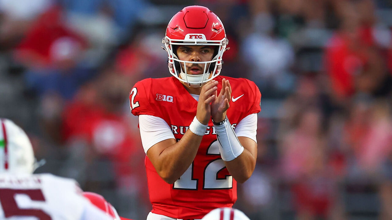 PISCATAWAY, NJ - SEPTEMBER 03: Dylan Lonergan #12 of the Rutgers Scarlet Knights during the game against the Massachusetts Minutemen on September 3, 2026 at SHI Stadium in Piscataway, New Jersey.