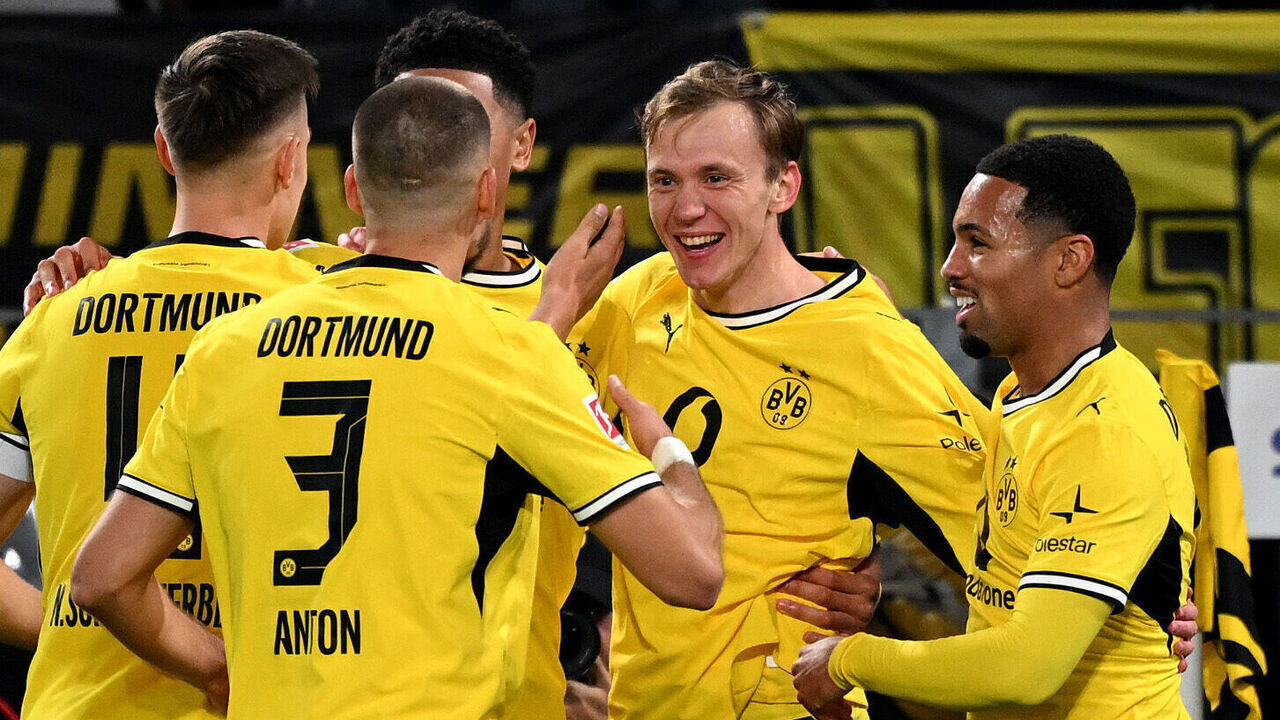 DORTMUND, GERMANY - OCTOBER 24: Maximilian Beier of Borussia Dortmund celebrates scoring his team’s first goal with teammates during the Bundesliga 2026/27 match between Borussia Dortmund and Eintracht Frankfurt at Signal Iduna Park on October 24, 2026 in Dortmund, Germany.