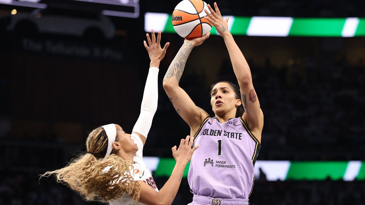 ATLANTA, GEORGIA - OCTOBER 24: Gabby Williams #1 of the Golden State Valkyries shoots the ball against Jordin Canada #3 of the Atlanta Dream during the third quarter in game four of the 2026 WNBA Finals at State Farm Arena on October 24, 2026 in Atlanta, Georgia.