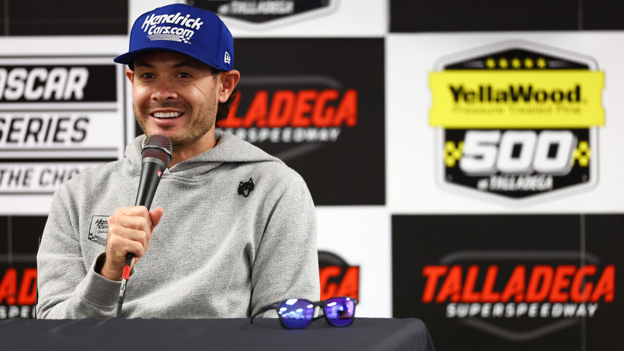 TALLADEGA, ALABAMA - OCTOBER 24: NASCAR Cup Series driver, Kyle Larson speaks to the media during a press conference at Talladega Superspeedway on October 24, 2026 in Talladega, Alabama.