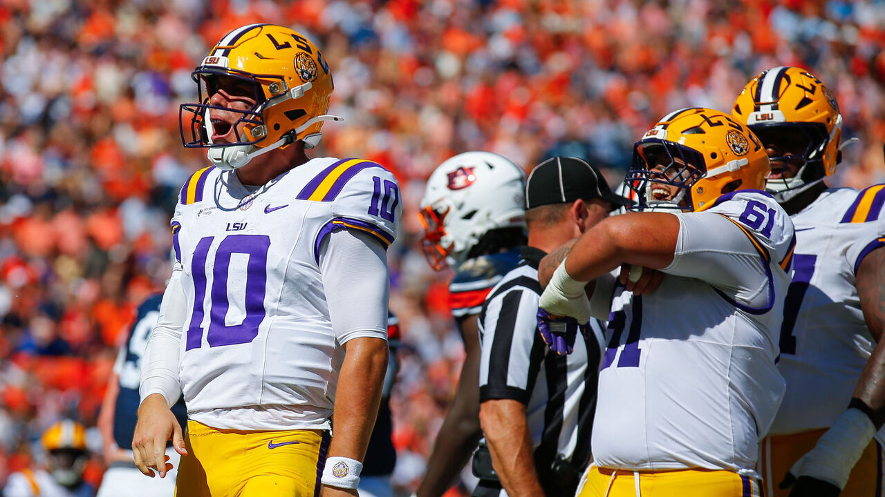 AUBURN, ALABAMA - OCTOBER 24: Quarterback Sam Leavitt #10 of the LSU Tigers celebrates scoring a touchdown during the first half of an NCAA football game against the Auburn Tigers at Jordan Hare Stadium on October 24, 2026 in Auburn, Alabama.