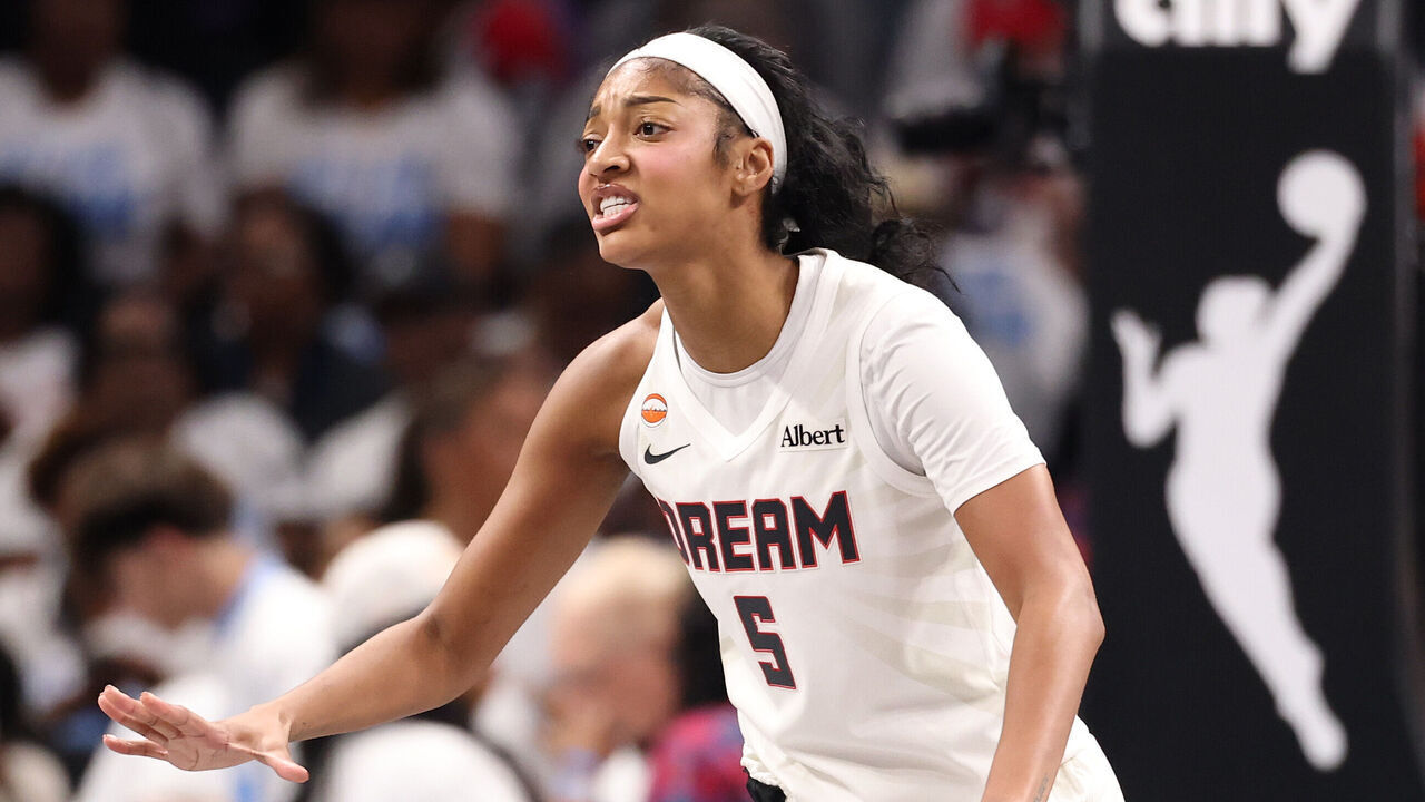 ATLANTA, GEORGIA - OCTOBER 24: Angel Reese #5 of the Atlanta Dream reacts during the first quarter against the Golden State Valkyries in game four of the 2026 WNBA Finals at State Farm Arena on October 24, 2026 in Atlanta, Georgia.