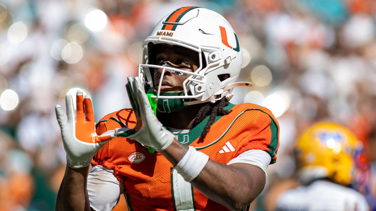 MIAMI GARDENS, FLORIDA - OCTOBER 24: Malachi Toney #1 of the Miami Hurricanes celebrates a touchdown during the second half of a college football game against the Pittsburgh Panthers at Hard Rock Stadium on October 24, 2026 in Miami Gardens, Florida.