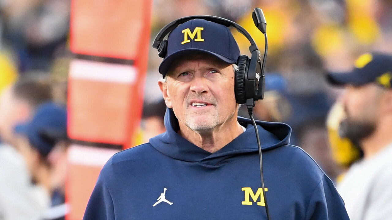 ANN ARBOR, MICHIGAN - OCTOBER 17: Head Coach Kyle Whittingham of the Michigan Wolverines looks on during the second half of a college football game against the Penn State Nittany Lions at Michigan Stadium on October 17, 2026 in Ann Arbor, Michigan. The Michigan Wolverines won the game 21-18.