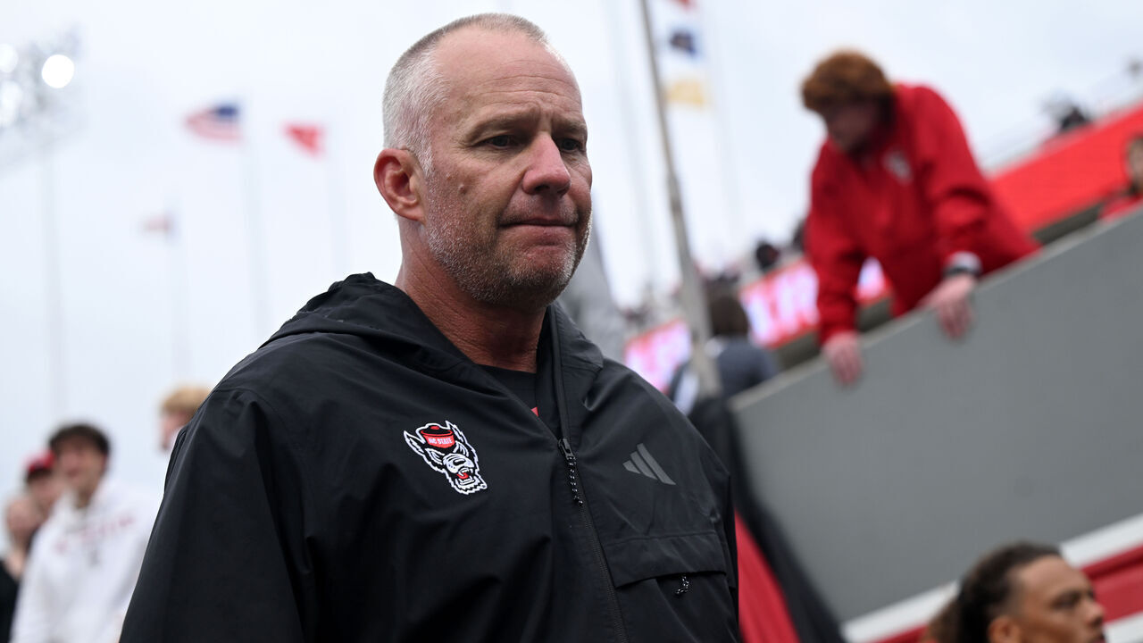 RALEIGH, NC - OCTOBER 10: Head Coach Dave Doeren of the NC State Wolfpack leaves the field after the college football game between Wake Forest Demon Deacons and the NC State Wolfpack on October 10, 2026 at Carter-Finley Stadium in Raleigh, North Carolina.
