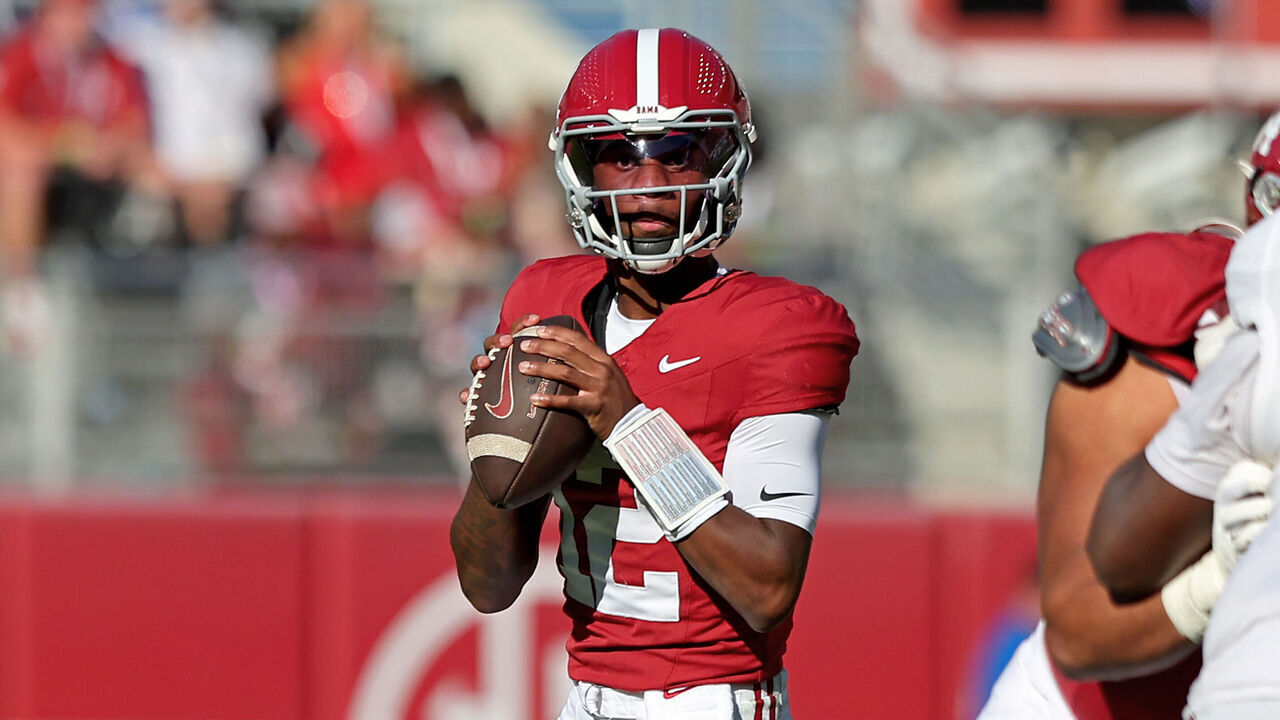 TUSCALOOSA, ALABAMA - OCTOBER 24: Keelon Russell #12 of the Alabama Crimson Tide looks for a receiver during the first quarter of the game against the Texas A&M Aggies at Bryant-Denny Stadium on October 24, 2026 in Tuscaloosa, Alabama.