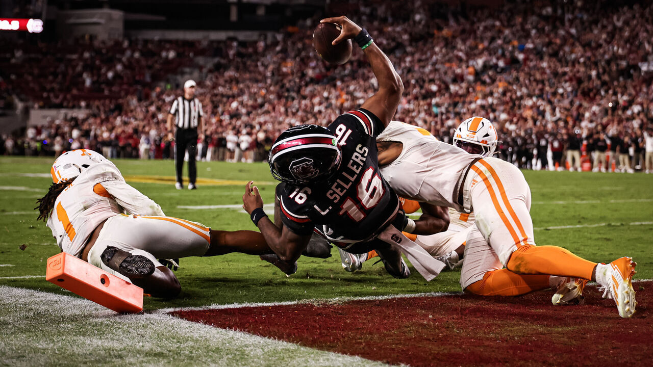 COLUMBIA, SOUTH CAROLINA - OCTOBER 24: LaNorris Sellers #16 of the South Carolina Gamecocks scores a touchdown during the second half of a football game against the Tennessee Volunteers at Williams-Brice Stadium on October 24, 2026 in Columbia, South Carolina.