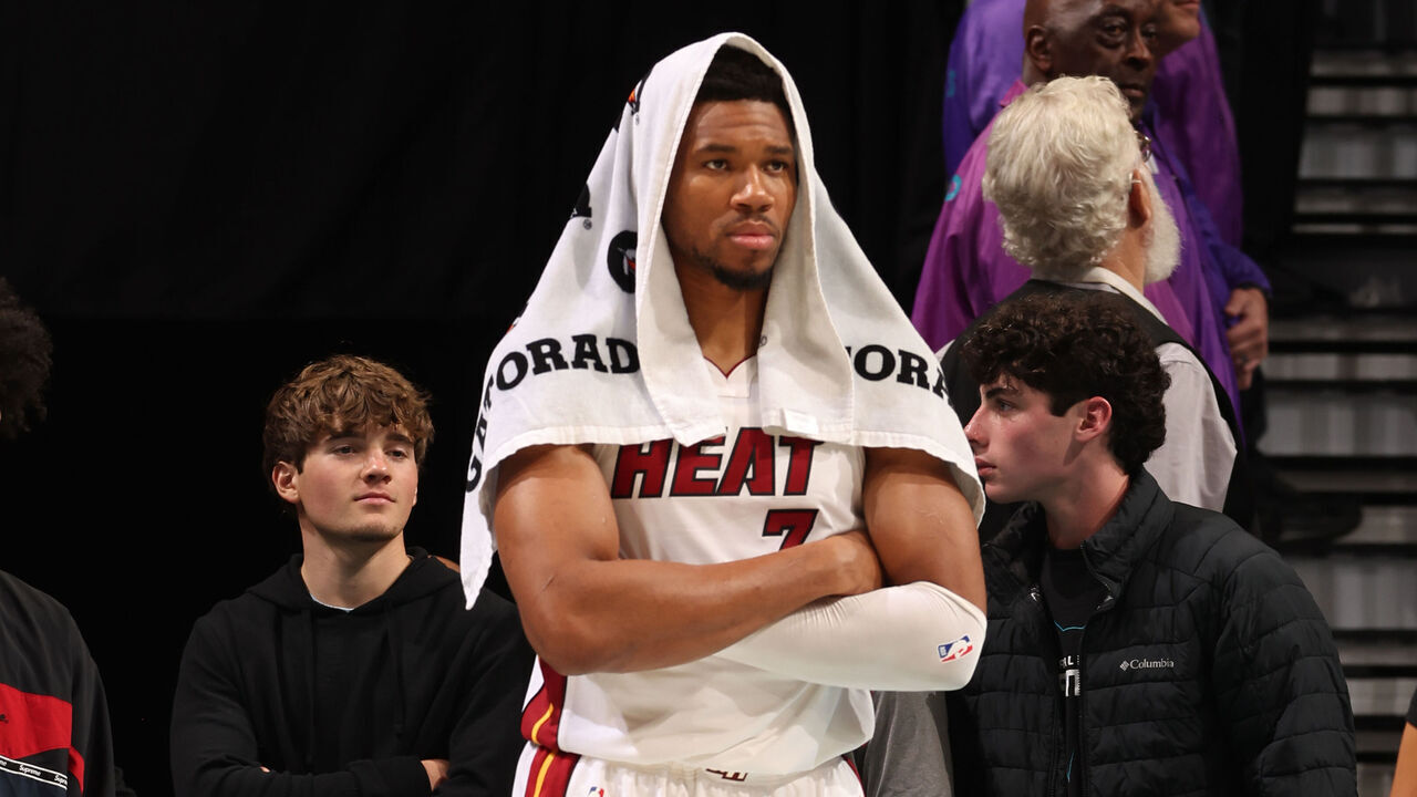 CHARLOTTE, NC - OCTOBER 24: Giannis Antetokounmpo #7 of the Miami Heat looks on during the game against the Charlotte Hornets on October 24, 2026 at Spectrum Center in Charlotte, North Carolina. Mandatory Copyright Notice: Copyright 2026 NBAE