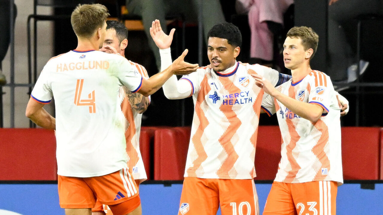 WASHINGTON, DC - OCTOBER 24: Evander da Silva Ferreira #10 of the FC Cincinnati celebrates with teammates after scoring a goal against the D.C. United during the first half of the game at Audi Field on October 24, 2026 in Washington, DC.
