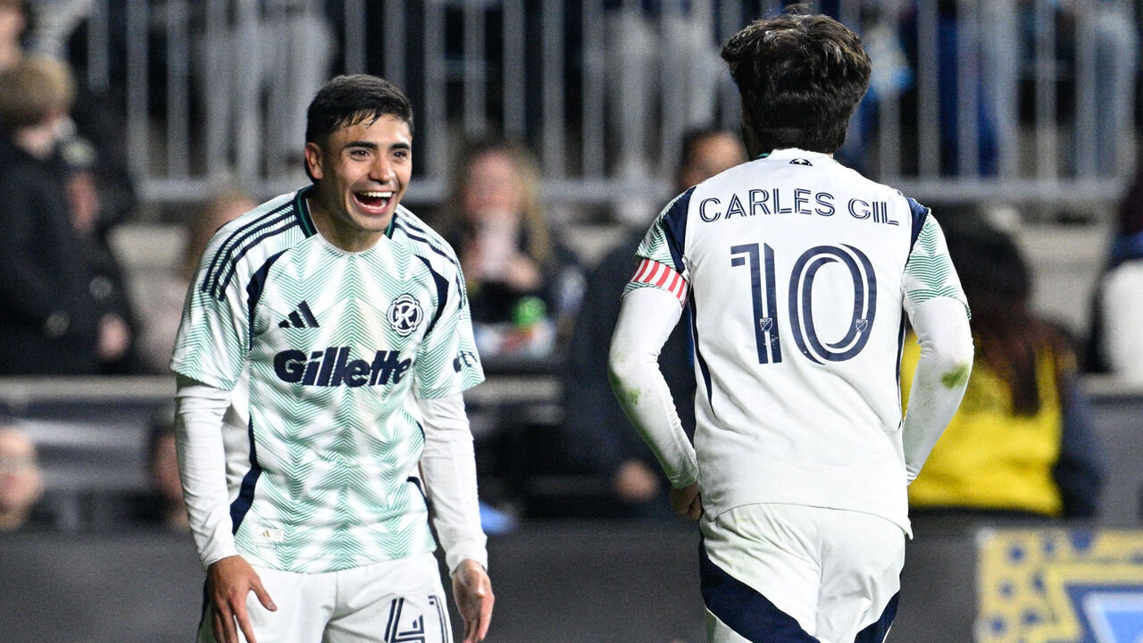 CHESTER, PA - OCTOBER 24: New England Revolution forward Luca Langoni #41 reacts to the goal from New England Revolution midfielder Carles Gil #10 during the game between the Philadelphia Union and the New England Revolution on October 24th, 2026 at Subaru Park in Chester, PA.