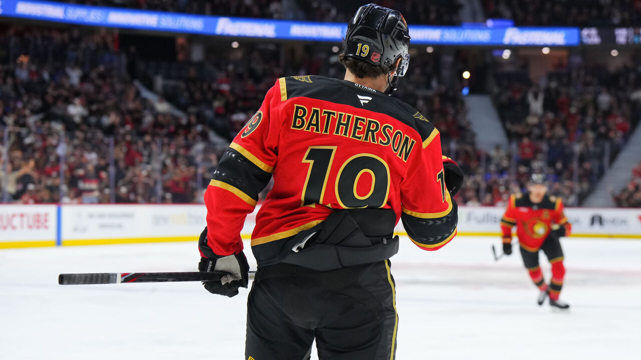 OTTAWA, CANADA - OCTOBER 24: Drake Batherson #19 of the Ottawa Senators celebrates his first-period goal against the New York Rangers on October 24, 2026 at Canadian Tire Centre in Ottawa, Ontario, Canada.