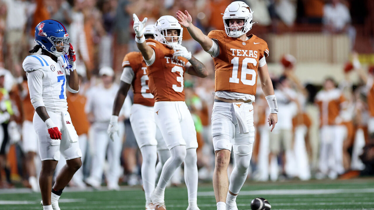 AUSTIN, TEXAS - OCTOBER 24: Arch Manning #16 of the Texas Longhorns reacts after a long run in the second quarter against the Ole Miss Rebels at Darrell K Royal-Texas Memorial Stadium on October 24, 2026 in Austin, Texas.