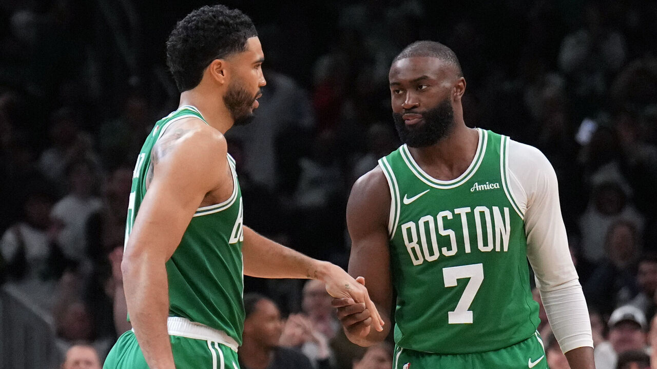 BOSTON, MA - MARCH 6: Jayson Tatum #0 and Jaylen Brown #7 of the Boston Celtics high five during the game against the Dallas Maverickson March 6, 2026 at TD Garden in Boston, Massachusetts. NOTE TO USER: User expressly acknowledges and agrees that, by downloading and/or using this Photograph, user is consenting to the terms and conditions of the Getty Images License Agreement. Mandatory Copyright Notice: Copyright 2026 NBAE