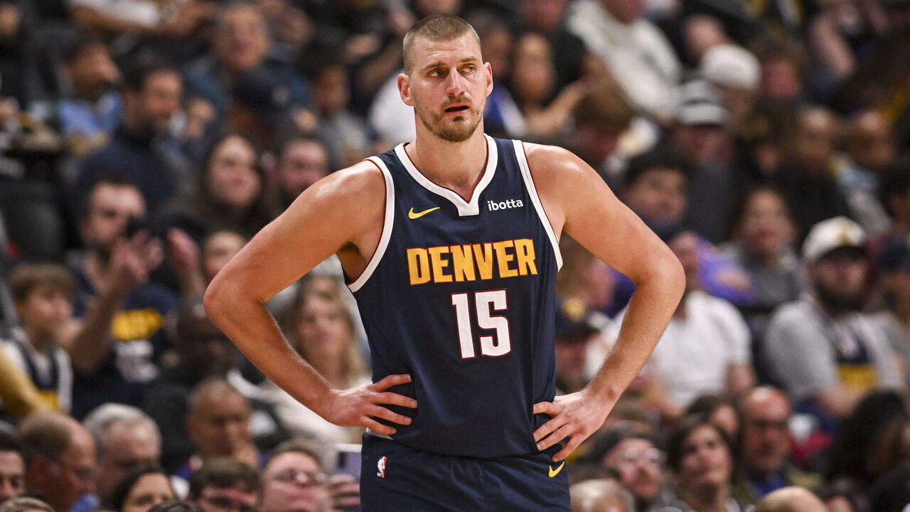DENVER , CO - OCTOBER 24: Nikola Jokic (15) of the Denver Nuggets stands on the court during the first quarter against the New Orleans Pelicans at Ball Arena in Denver, Colorado on Saturday, October 24, 2026.