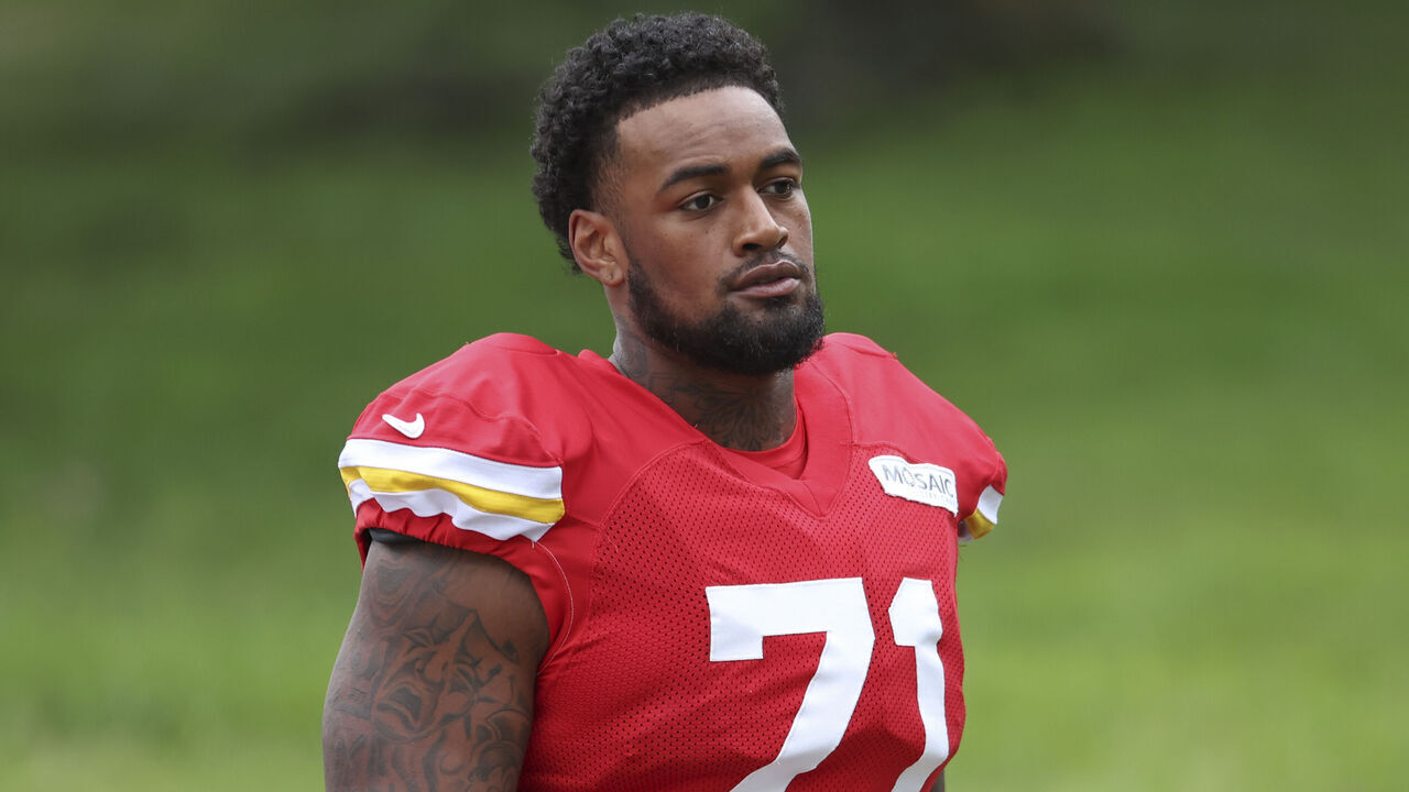 ST. JOSEPH, MO - JULY 29: Josh Simmons #71 walks to the field during the Kansas City Chiefs training camp on Aug 11, 2026 at Missouri Western State University in St. Joseph, MO.
