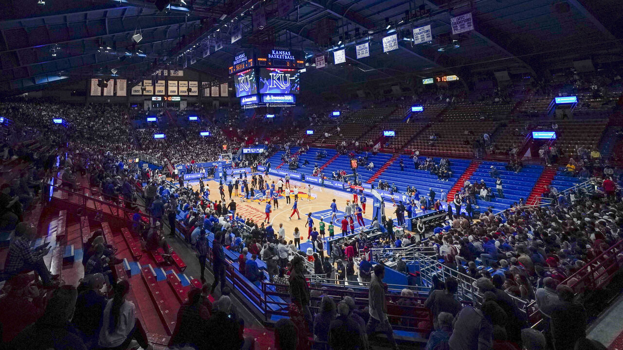 LAWRENCE, KS - DECEMBER 1: Overall view of Allen Fieldhouse before the Big East-Big 12 Battle game between the Kansas Jayhawks and the Connecticut Huskies on December 1, 2023 in Lawrence, Kansas. .