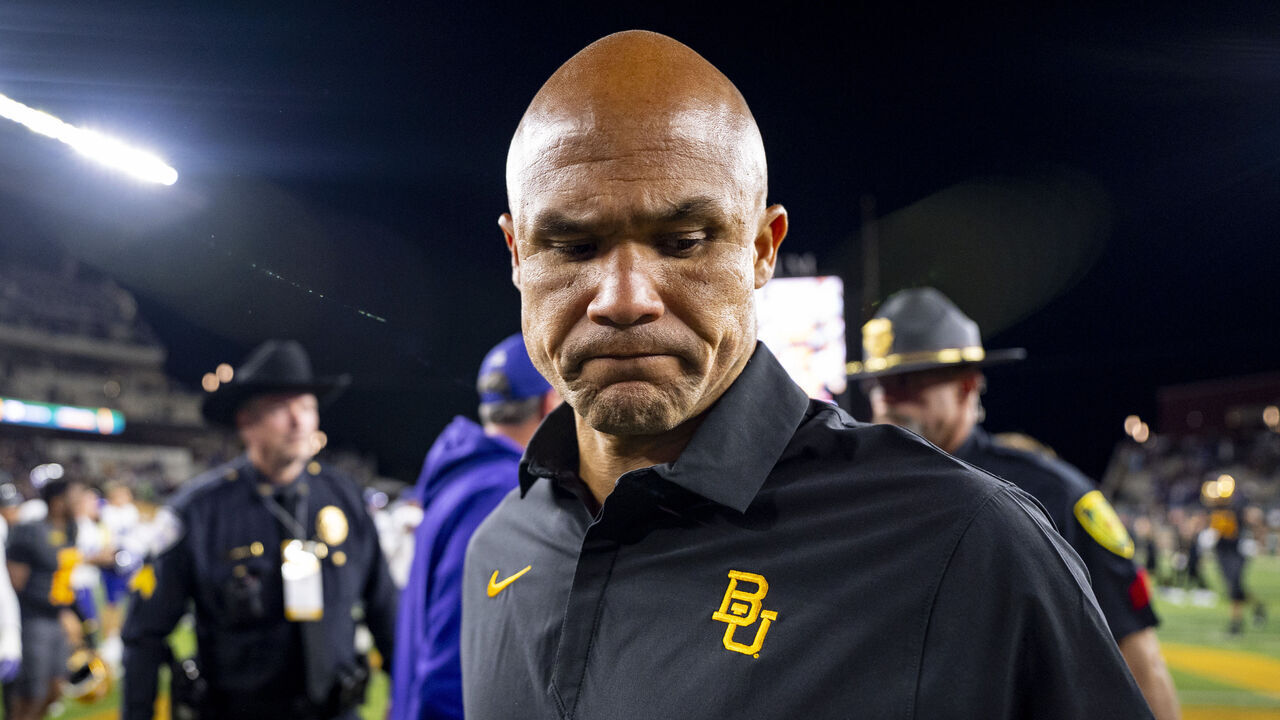 WACO, TEXAS - OCTOBER 17: Head coach Dave Aranda of the Baylor Bears reacts after the game against the TCU Horned Frogs at McLane Stadium on October 17, 2026 in Waco, Texas.