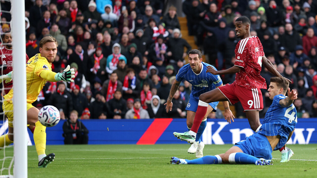 LIVERPOOL, ENGLAND - OCTOBER 25: Alexander Isak of Liverpool scores his team’s second goal during the Premier League 2026/27 match between Liverpool FC and Brighton & Hove Albion at Anfield on October 25, 2026 in Liverpool, England.