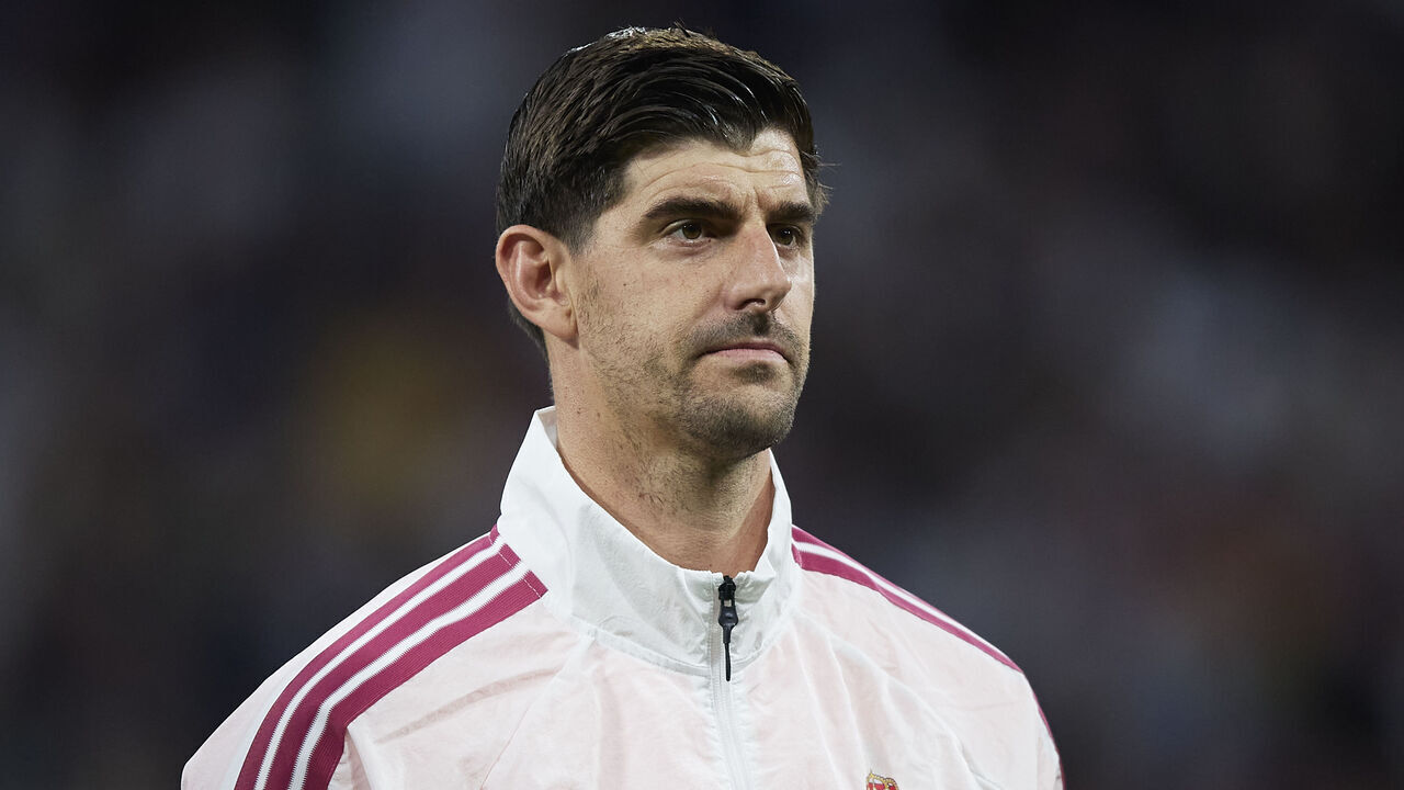 MADRID, SPAIN - OCTOBER 21: Thibaut Courtois of Real Madrid looks on prior to the UEFA Champions League 2026/27 League Phase MD3 match between Real Madrid C.F. and RB Leipzig at Estadio Santiago Bernabeu on October 21, 2026 in Madrid, Spain.